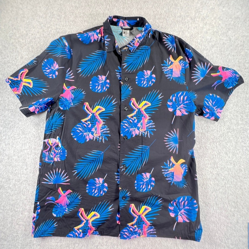 Dutch Bros Coffee Mens Large Black Neon Tropical Palm Windmill Button Down Shirt